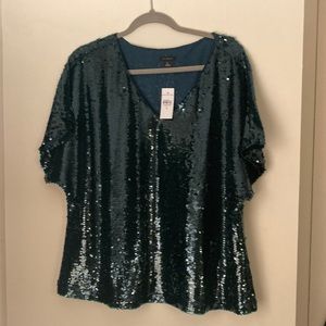 Ann Taylor- V neck Sequin Tee- NWT- Deep Emerald